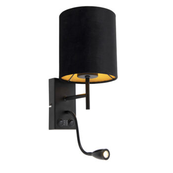 Art Deco nástenná lampa čierna s zamatovým tienidlom - Stacca