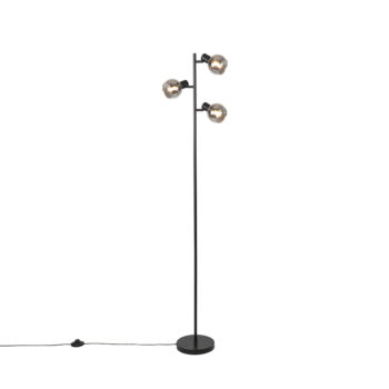 Art Deco stojaca lampa čierna 3-svetlo s dymovým sklom - Vidro
