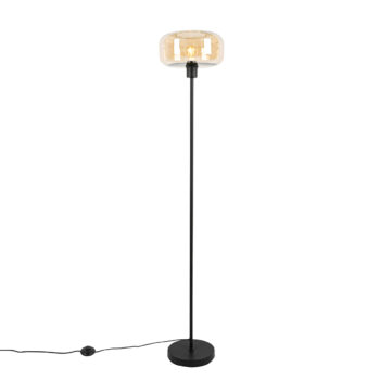 Art Deco stojaca lampa čierna s jantárovým sklom - Bizle