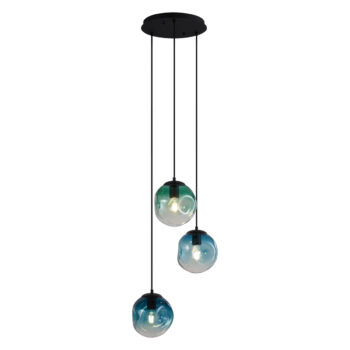 Art Deco závesná lampa čierna s modrým a zeleným sklom 3-svetlá - Douglass