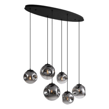 Art Deco závesná lampa čierna s oválnou stropnou doskou a dymovým sklom 6-Lights - Douglass
