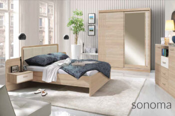 Elegantná šatníková skriňa BANDI je v nadčasovom prevedení. Poteší aj náročnejších užívateľov. Je vyrobená z kvalitných LTD dosiek. Farebné prevedenie skrine je vo farbe SONOMA. Šatníková skriňa je dvojdverová. Dvere sú posuvné. Na nich sa nachádza zrkadlo. Vo vnútri skrine sa nachádza 5 políc a jedna vešiaková tyč. Rozmery (š,v,h): 175 x 215 x 59 cm. K šatníkovej skrini je možné dokúpiť manželskú posteľ BANDI, v rovnakom farebnom prevedení. Dodávame v demontovanom stave.