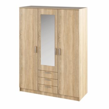 Predstavujeme vám trojdverovú šatníkovú skriňu so zrkadlom a zásuvkami Bargo v elegantnom prevedení dub sonoma. Táto moderná skriňa je ideálnym riešením pre váš interiér, či už hľadáte praktické úložné priestory do spálne alebo inej miestnosti.
