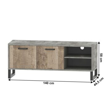 BARIA 2D/140: TV stolík Baria 2D/140 - dub pieskový / sivá; materiál: laminovaná DTD / kov; rozmery (ŠxHxV): 140x44,5x57,9 cm.