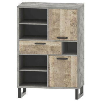 BARIA 2D1S: Dvojdverový regál so zásuvkou Baria 2D1S - dub pieskový / sivá; materiál: laminovaná DTD / kov; rozmery (ŠxHxV): 90x44,5x134 cm.