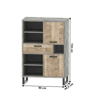 BARIA 2D1S: Dvojdverový regál so zásuvkou Baria 2D1S - dub pieskový / sivá; materiál: laminovaná DTD / kov; rozmery (ŠxHxV): 90x44,5x134 cm.
