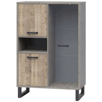 BARIA 2D1W: Trojdverová vitrína Baria 2D1W - dub pieskový / sivá; materiál: laminovaná DTD / kov / sklo; rozmery (ŠxHxV): 90x44,5x134 cm.