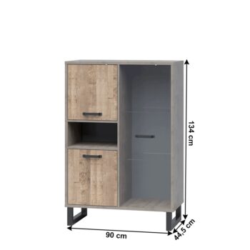 BARIA 2D1W: Trojdverová vitrína Baria 2D1W - dub pieskový / sivá; materiál: laminovaná DTD / kov / sklo; rozmery (ŠxHxV): 90x44,5x134 cm.