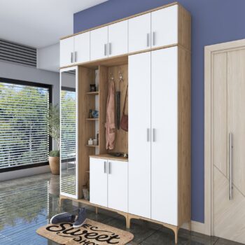 Predsiňová zostava BAY – Štýlové a praktické riešenie pre vašu predsieňPredsiňová zostava BAY je dokonalou kombináciou elegancie a funkčnosti. S moderným dizajnom v bielej farbe s orechovým dekorom dodáva vašej predsieni útulný a organizovaný vzhľad. Ideálna voľba pre každý domov!Hlavné vlastnosti:Typ tovaru: predsieňová zostavaRozmer: 240 x 180 x 37.5 cmFarba: biela + orechMateriál: melamín, VT laminátHrúbka materiálu: 18 mmZostava obsahuje:skriňa so zrkadlomskrinku na topánkyvešiakyšatníková skriňazávesnú skriňuDodatočné informácie: dodávame v demonteZostava BAY je navrhnutá pre pohodlné usporiadanie predsiene. Skriňa so zrkadlom zväčší priestor a umožní rýchlu kontrolu vzhľadu, skrinka na topánky pomôže udržať poriadok, zatiaľ čo vešiaky a šatníková skriňa poskytnú dostatok miesta pre kabáty a bundy. Závesná skriňa je ideálna pre doplnky alebo kľúče.Vyrobená z kvalitných materiálov, ako melamín a VT laminát, je zostava odolná voči opotrebovaniu a ľahko sa udržuje. Dodáva sa v demontovanom stave s prehľadným návodom na zostavenie, čo zaisťuje jednoduchú inštaláciu a manipuláciu.Objednajte si predsieňovú zostavu BAY ešte dnes a vytvorte si organizovaný a štýlový vstupný priestor, ktorý oceníte každý deň!