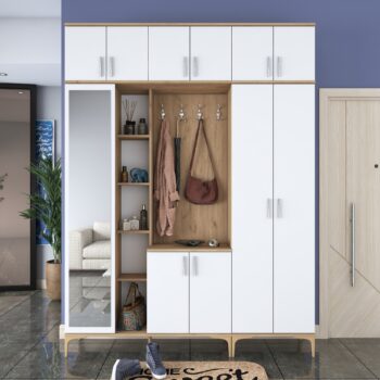 Predsiňová zostava BAY – Štýlové a praktické riešenie pre vašu predsieňPredsiňová zostava BAY je dokonalou kombináciou elegancie a funkčnosti. S moderným dizajnom v bielej farbe s orechovým dekorom dodáva vašej predsieni útulný a organizovaný vzhľad. Ideálna voľba pre každý domov!Hlavné vlastnosti:Typ tovaru: predsieňová zostavaRozmer: 240 x 180 x 37.5 cmFarba: biela + orechMateriál: melamín, VT laminátHrúbka materiálu: 18 mmZostava obsahuje:skriňa so zrkadlomskrinku na topánkyvešiakyšatníková skriňazávesnú skriňuDodatočné informácie: dodávame v demonteZostava BAY je navrhnutá pre pohodlné usporiadanie predsiene. Skriňa so zrkadlom zväčší priestor a umožní rýchlu kontrolu vzhľadu, skrinka na topánky pomôže udržať poriadok, zatiaľ čo vešiaky a šatníková skriňa poskytnú dostatok miesta pre kabáty a bundy. Závesná skriňa je ideálna pre doplnky alebo kľúče.Vyrobená z kvalitných materiálov, ako melamín a VT laminát, je zostava odolná voči opotrebovaniu a ľahko sa udržuje. Dodáva sa v demontovanom stave s prehľadným návodom na zostavenie, čo zaisťuje jednoduchú inštaláciu a manipuláciu.Objednajte si predsieňovú zostavu BAY ešte dnes a vytvorte si organizovaný a štýlový vstupný priestor, ktorý oceníte každý deň!