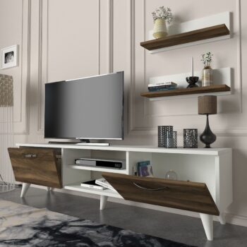 Štýlový TV stolík na nožičkách BEALTE vás očarí svojim minimalistickým dizajnom a priaznivou cenou.TV skrinka poskytuje dostatok úložného priestoru vo forme skriniek s výklopom. V strednej časti sú dve otvorené police na uloženie wifi routera a podobne. V cene sú aj dve závesné police.Farebné prevedenie: biela, orech.Rozmery TV stolíka:• Šírka: 150 cm• Výška: 40,6 cm• Hĺbka: 30 cmRozmery nástennej police (2 kusy)• Šírka: 50 cm• Výška: 15 cm• Hĺbka: 12 cmDodávame v demontovanom stave.