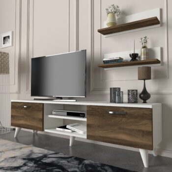 Štýlový TV stolík na nožičkách BEALTE vás očarí svojim minimalistickým dizajnom a priaznivou cenou.TV skrinka poskytuje dostatok úložného priestoru vo forme skriniek s výklopom. V strednej časti sú dve otvorené police na uloženie wifi routera a podobne. V cene sú aj dve závesné police.Farebné prevedenie: biela, orech.Rozmery TV stolíka:• Šírka: 150 cm• Výška: 40,6 cm• Hĺbka: 30 cmRozmery nástennej police (2 kusy)• Šírka: 50 cm• Výška: 15 cm• Hĺbka: 12 cmDodávame v demontovanom stave.