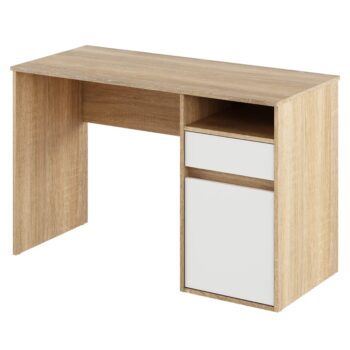 PC stôl Bili New v elegantnom farebnom prevedení dub sonoma a biela je ideálnym riešením pre moderné kancelárie aj domáce pracovné priestory. Tento stôl, vyrobený z kvalitného laminovaného DTD materiálu, ponúka nielen štýlový vzhľad, ale aj praktickosť a funkčnosť.