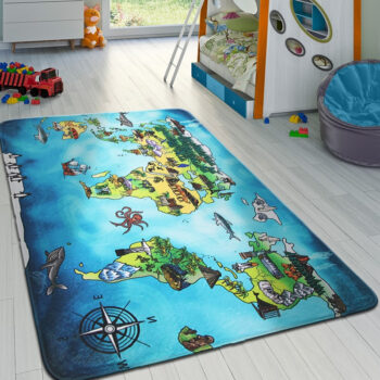 BO-MA, Protišmykový kusový koberec World map, 76,5x117, modrá, viacfarebná, detská izba