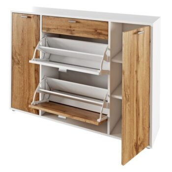 S botníkom ANABELA budete mať topánky na poriadku. Okrem toho si zabezpečíte štýlový nábtyok do Vašej predsiene. Rozmery botníka sú (ŠxHxV): 120x28x85 cm. Vyrobený je z laminovanej DTD (drevotriesková doska) v elagantnom farebnom prevedení v kombinácii bielej s dubom wotan. Hĺbka jeho vyklápacej…
