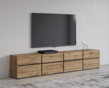 TV stolík BRENDON patrí do atraktívneho sektoru BRENDON, vďaka ktorému si vytvoríte obývačku podľa vašich predstáv. Tento moderný televízny stolík je vyrobený z kvalitných LTD dosiek, ktoré sa jednoducho udržiavajú. Disponuje štyrmi výklopnými priehradkami a štyrmi zásuvkami.Farba: dub Wotan, čierna.Rozmery:šírka: 225 cmvýška: 48 cmhĺbka: 40 cmDodávame v demontovanom stave. 