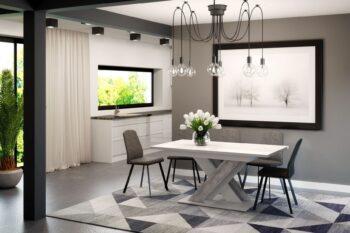 BRILO je moderný a dizajnový jedálenský stôl, ktorý je vhodný do štýlovej jedálne či kuchyne. Je vyrobený z kvalitného materiálu - LTD dosky. Farebné prevedenie: biela / betónStôl je rozkladací.Rozmery stola140-180x80x75 (šírka x hĺbka x výška v cm)Dodávame v demontovanom stave.