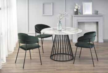 Elegantný štýl okrúhleho jedálenského stola BRODWAY dokonale zapasuje do moderne zariadenej jedálne či kuchyne. Dizajnová podnož vyrobená z ocele s práškovým nástrekom ho robí ešte luxusnejším. Vrchná doska stola je vyrobená z dyhovanej MDF a je v nádhernom prevedení biely mramor. Tento unikátny…