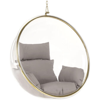 Závesné hojdacie kreslo Bubble Typ 1 - priehľadná / sivá / zlatá; Rozmery (ŠxHxV): 102x61x102 cm; Materiál: nehrdzavejúca oceľ / akryl / látka.