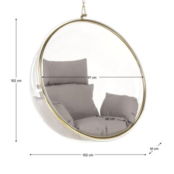 Závesné hojdacie kreslo Bubble Typ 1 - priehľadná / sivá / zlatá; Rozmery (ŠxHxV): 102x61x102 cm; Materiál: nehrdzavejúca oceľ / akryl / látka.