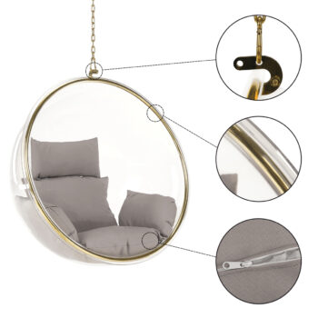 Závesné hojdacie kreslo Bubble Typ 1 - priehľadná / sivá / zlatá; Rozmery (ŠxHxV): 102x61x102 cm; Materiál: nehrdzavejúca oceľ / akryl / látka.
