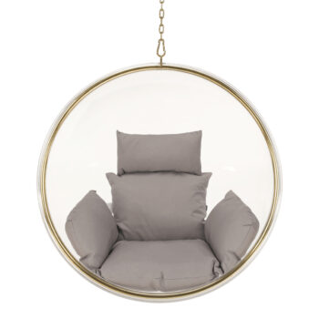 Závesné hojdacie kreslo Bubble Typ 1 - priehľadná / sivá / zlatá; Rozmery (ŠxHxV): 102x61x102 cm; Materiál: nehrdzavejúca oceľ / akryl / látka.