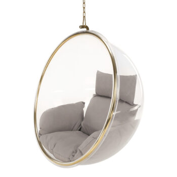 Závesné hojdacie kreslo Bubble Typ 1 - priehľadná / sivá / zlatá; Rozmery (ŠxHxV): 102x61x102 cm; Materiál: nehrdzavejúca oceľ / akryl / látka.