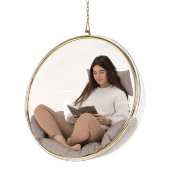Závesné hojdacie kreslo Bubble Typ 1 - priehľadná / sivá / zlatá; Rozmery (ŠxHxV): 102x61x102 cm; Materiál: nehrdzavejúca oceľ / akryl / látka.