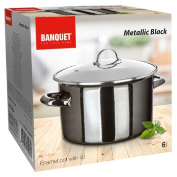 Banquet Hrniec smaltovaný METALLIC Black 26 cm, 6 l, s pokrievkou, 26 cm