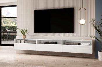 TV stolík Barly je ideálna voľba pre moderných aranžmérov s elegantným charakterom, pre ktorých je dôležitá aj funkčnosť nábytku.TV skrinka môže stáť na podlahe ale vďaka vešiakom, ktoré sú súčasťou zostavy sa môže veľmi rýchlo stať závesným kusom nábytku.V zadných častiach poskytuje praktické otvory na vedenie káblov na TV príslušenstvo a inú elektroniku.Komoda je tvorená troma výklopnými dvierkami s bezúchytkovým systémom.Farebné prevednie biela,výklopné dvierka biely lesk.Je vyrobený z kvalitnej LTD dosky v hrúbke 15 mm.Celá RTV skrinka pozostáva z dvoch prvkov, ktoré je možné rozdeliť na dvé samostatné skrinky.Rozmery TV stolíka:-veľka TV skrinka: výška: 40 cm,šírka: 180 cm,hĺbka: 41 cm-malá TV skrinka výška: 40 cm,šírka: 90 cm,hĺbka: 41 cmCelkový rozmer: (40/270/41)cmDodávané v demonte  