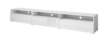 TV stolík Barly je ideálna voľba pre moderných aranžmérov s elegantným charakterom, pre ktorých je dôležitá aj funkčnosť nábytku.TV skrinka môže stáť na podlahe ale vďaka vešiakom, ktoré sú súčasťou zostavy sa môže veľmi rýchlo stať závesným kusom nábytku.V zadných častiach poskytuje praktické otvory na vedenie káblov na TV príslušenstvo a inú elektroniku.Komoda je tvorená troma výklopnými dvierkami s bezúchytkovým systémom.Farebné prevednie biela,výklopné dvierka biely lesk.Je vyrobený z kvalitnej LTD dosky v hrúbke 15 mm.Celá RTV skrinka pozostáva z dvoch prvkov, ktoré je možné rozdeliť na dvé samostatné skrinky.Rozmery TV stolíka:-veľka TV skrinka: výška: 40 cm,šírka: 180 cm,hĺbka: 41 cm-malá TV skrinka výška: 40 cm,šírka: 90 cm,hĺbka: 41 cmCelkový rozmer: (40/270/41)cmDodávané v demonte  