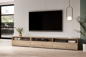 TV stolík Barly je ideálna voľba pre moderných aranžmérov s elegantným charakterom, pre ktorých je dôležitá aj funkčnosť nábytku.TV skrinka môže stáť na podlahe ale vďaka vešiakom, ktoré sú súčasťou zostavy sa môže veľmi rýchlo stať závesným kusom nábytku.V zadných častiach poskytuje praktické otvory na vedenie káblov na TV príslušenstvo a inú elektroniku.Komoda je tvorená troma výklopnými dvierkami s bezúchytkovým systémom.Farebné prevedenie dub san remo.Je vyrobený z kvalitnej LTD dosky v hrúbke 15 mm.Celá RTV skrinka pozostáva z dvoch prvkov, ktoré je možné rozdeliť na dvé samostatné skrinky.Rozmery TV stolíka:-veľka TV skrinka: výška: 40 cm,šírka: 180 cm,hĺbka: 41 cm-malá TV skrinka výška: 40 cm,šírka: 90 cm,hĺbka: 41 cmCelkový rozmer: (40/270/41)cmDodávané v demonte  