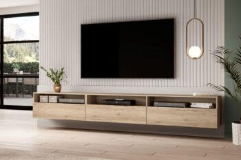 TV stolík Barly je ideálna voľba pre moderných aranžmérov s elegantným charakterom, pre ktorých je dôležitá aj funkčnosť nábytku.TV skrinka môže stáť na podlahe ale vďaka vešiakom, ktoré sú súčasťou zostavy sa môže veľmi rýchlo stať závesným kusom nábytku.V zadných častiach poskytuje praktické otvory na vedenie káblov na TV príslušenstvo a inú elektroniku.Komoda je tvorená troma výklopnými dvierkami s bezúchytkovým systémom.Farebné prevedenie dub san remo.Je vyrobený z kvalitnej LTD dosky v hrúbke 15 mm.Celá RTV skrinka pozostáva z dvoch prvkov, ktoré je možné rozdeliť na dvé samostatné skrinky.Rozmery TV stolíka:-veľka TV skrinka: výška: 40 cm,šírka: 180 cm,hĺbka: 41 cm-malá TV skrinka výška: 40 cm,šírka: 90 cm,hĺbka: 41 cmCelkový rozmer: (40/270/41)cmDodávané v demonte  