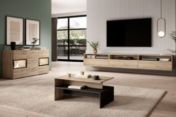 TV stolík Barly je ideálna voľba pre moderných aranžmérov s elegantným charakterom, pre ktorých je dôležitá aj funkčnosť nábytku.TV skrinka môže stáť na podlahe ale vďaka vešiakom, ktoré sú súčasťou zostavy sa môže veľmi rýchlo stať závesným kusom nábytku.V zadných častiach poskytuje praktické otvory na vedenie káblov na TV príslušenstvo a inú elektroniku.Komoda je tvorená troma výklopnými dvierkami s bezúchytkovým systémom.Farebné prevedenie dub san remo.Je vyrobený z kvalitnej LTD dosky v hrúbke 15 mm.Celá RTV skrinka pozostáva z dvoch prvkov, ktoré je možné rozdeliť na dvé samostatné skrinky.Rozmery TV stolíka:-veľka TV skrinka: výška: 40 cm,šírka: 180 cm,hĺbka: 41 cm-malá TV skrinka výška: 40 cm,šírka: 90 cm,hĺbka: 41 cmCelkový rozmer: (40/270/41)cmDodávané v demonte  