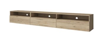 TV stolík Barly je ideálna voľba pre moderných aranžmérov s elegantným charakterom, pre ktorých je dôležitá aj funkčnosť nábytku.TV skrinka môže stáť na podlahe ale vďaka vešiakom, ktoré sú súčasťou zostavy sa môže veľmi rýchlo stať závesným kusom nábytku.V zadných častiach poskytuje praktické otvory na vedenie káblov na TV príslušenstvo a inú elektroniku.Komoda je tvorená troma výklopnými dvierkami s bezúchytkovým systémom.Farebné prevedenie dub san remo.Je vyrobený z kvalitnej LTD dosky v hrúbke 15 mm.Celá RTV skrinka pozostáva z dvoch prvkov, ktoré je možné rozdeliť na dvé samostatné skrinky.Rozmery TV stolíka:-veľka TV skrinka: výška: 40 cm,šírka: 180 cm,hĺbka: 41 cm-malá TV skrinka výška: 40 cm,šírka: 90 cm,hĺbka: 41 cmCelkový rozmer: (40/270/41)cmDodávané v demonte  