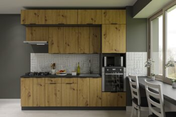 Moderná kuchyňa CAMELIA, ktorá vás zaujme svojim praktickým a zároveň štýlovým prevedením. Je vhodná do moderných interiérov. Disponuje množstvom úložného priestoru.Výška horných skriniek: 72 cm. Hĺbka: 30/32 cm. Výška dolných skriniek: 82 cm. Hĺbka: 46 cm.Sokel nie je v cene zostavy.Rozmery zostavy (š,h): 260 x 48 cm.Kuchynské skrinky sú vyrobené z kvalitných LTD dosiek. Ich údržba je nenáročná. Korpus je v sivej farbe. Dvierka sú vo farbe dub Artisan. Úchyty sú kovové, v čiernej farbe. Sú súčasťou zostavy.Horné skrinky majú v cene regulovateľné závesy. Ku každej hornej skrinke sa zároveň dodávajú 2 ks 10 cm závesnej lišty. Nedelenú závesnú lištu pre jednoduchšiu montáž je možné doobjednať.Kuchynská zostava je zložená z týchto prvkov:3 x horná skrinka 60-36 cm, horná skrinka 80-36 cm, horná skrinka 60-40 cm, horná skrinka 80-72 cm, horná skrinka 60-72 cm, dolná skrinka 60-82 cm, dolná skrinka 80-82 cm, dolná skrinka 60-82 cm, dolná vysoká skrinka 60/214/4Drez a pracovnú dosku je potrebné dokúpiť, spotrebiče nie sú súčasťou kuchynskej linky. Kuchyňu je možné zakúpiť len ako zostavu.Dodávame v demontovanom stave.