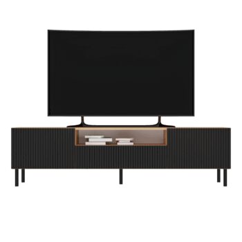 Moderný TV stolík CAMILA sa stane pýchou každej obývačky. Stolík stojí na čiernych 13 cm kovových nohách, ktoré mu dodávajú štýlový dizajn a je tak praktický na údržbu. Zaujímavé vlnité čelá dverí, ktoré sú usporiadané vertikálne tak, aby imitovali lamely sa postarajú o originálny a zaujímavý dizajn. Farebné prevedenie: dub Artisan / čierna matnáMATERIÁL: Korpus - laminovaná drevotrieska 16 mm.Predná strana - MDF doska, hrúbka 18 mm, potiahnutá melamínom, frézovaná, potiahnutá fóliouPánty - kov / oceľ, s možnosťou jemného nastaveniaROZMERY: Hĺbka: 40 cmŠírka: 160 cmVýška: 43 cmDodávame v demonte.  