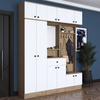 Predsieňová zostava CAPE – elegantné a praktické riešenie pre vašu predsieňPredsiňová zostava CAPE je navrhnutá tak, aby zaisťovala maximálnu funkčnosť a štýlový vzhľad. Vďaka svojej vysokej konštrukcii a kombinácii bielej farby s dekorom orecha dodáva priestoru modernú a útulnú atmosféru. Zostava ponúka dostatok úložného priestoru a šikovných riešení pre organizáciu vašich vecí.Zostava obsahuje:Šatníková skriňa: ideálna na zavesenie kabátov a búnd.Závesná skrinka: praktické úložné miesto pre menšie predmety.Skrine na topánky: dostatok priestoru pre obuv celej rodiny.Zrkadlo: opticky zväčšuje priestor a je praktické pri odchode z domu.Vešiak: vhodný pre každodenné odevy, šatky alebo tašky.Hlavné vlastnosti predsieňovej zostavy CAPE:Materiál: melamín a VT laminát – odolný povrch, ktorý je ľahko udržiavateľný.Rozmery: 226,4 x 179,4 x 37,5 cm – dostatočne priestranná aj pre väčšie predsiene.Farba: kombinácia bielej a orecha, ktorá ladí s moderným aj tradičným štýlom interiéru.Vzhľad: vysoká konštrukcia, ktorá šetrí miesto a poskytuje maximálny úložný priestor.Hrúbka materiálu: 18 mm – pevná a stabilná konštrukcia.Možnosť pripevnenia k stene pre vyššiu bezpečnosť a stabilitu.Dodávame v demontovanom stave s podrobným montážnym návodom.Predsiňová zostava CAPE kombinuje štýl, praktickosť a kvalitu. Je ideálnym riešením pre tých, ktorí chcú mať predsieň organizovanú a zároveň vkusnú.Doprajte svojej predsieni elegantný a praktický vzhľad s predsieňovou zostavou CAPE – dokonalé riešenie pre váš domov!