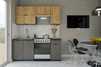 Moderná kuchyňa Capri vás zaujme svojim praktickým a zároveň štýlovým prevedením. Je vhodná do moderných interiérov. Disponuje množstvom úložného priestoru.Výška horných skriniek: 72 cm. Hĺbka: 30 cm. Výška dolných skriniek: 82 cm. Hĺbka: 46 cm.Sokel nie je v cene zostavy.Rozmery zostavy (š,h): 180 x 48 cm.Kuchynské skrinky sú vyrobené z kvalitných LTD dosiek. Ich údržba je nenáročná. Korpus je vo farbe grafit. Dvierka sú vo farbe zlatý dub kraft / grafit. Úchyty sú kovové, v čiernej farbe. Sú súčasťou zostavy.Kuchynská zostava je zložená z týchto prvkov:2 x horná skrinka 80/36 cm, horná digestorová skrinka 60/40 cm, horná skrinka 40/72 cm, dolná drezová skrinka 80/82 cm, dolná skrinka 40/82 cmDrez a pracovnú dosku je potrebné dokúpiť, spotrebiče nie sú súčasťou kuchynskej linky. Kuchyňu je možné zakúpiť len ako zostavu.Dodávame v demontovanom stave.