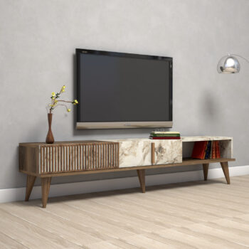 Široký TV stolík CART – elegantný a funkčný doplnok do obývacej izbyTV stolík CART je skvelou voľbou pre moderné obývacie izby vďaka svojmu jednoduchému a elegantnému dizajnu. Kombinácia dekoru orecha a bielej farby dodáva tomuto stolíku štýlový vzhľad, ktorý ľahko zapadne do rôznych typov interiérov.Špecifikácia TV stolíka CART:Materiál: melamín, VT laminátFarba: orech + bielaRozmery: 40 x 180 x 35 cmVzhľad: širokáVybavenie: 2 plné dvierka a regálokHrúbka materiálu: 18 mmMontáž: dodávame v demonte, možno pripevniť k steneStolík CART poskytuje praktický úložný priestor vďaka kombinácii dvoch plných dvierok a otvoreného regálku. Dvierka umožňujú skryté uloženie vecí, zatiaľ čo regál je ideálny pre dekorácie, knihy alebo multimediálne zariadenia. Široký dizajn zaisťuje dostatok priestoru pre televízor aj ďalšie doplnky.Vyrobený z kvalitných materiálov, ako je melamín a VT laminát, stolík ponúka odolnosť, pevnosť a jednoduchú údržbu. Povrchová úprava chráni nábytok pred poškriabaním a bežným opotrebovaním, čo zaisťuje jeho dlhú životnosť.Jednoduchá montáž a bezpečné používanieTV stolík CART je dodávaný v demonte a jeho zostavenie je jednoduché vďaka priloženému návodu. Možnosť pripevnenia k stene pridáva na stabilite a bezpečnosti, čo ocenia domácnosti s deťmi alebo domácimi miláčikmi.Zaobstarajte si TV stolík CART a získajte praktický a štýlový nábytok, ktorý premení vašu obývaciu izbu na elegantný a funkčný priestor.