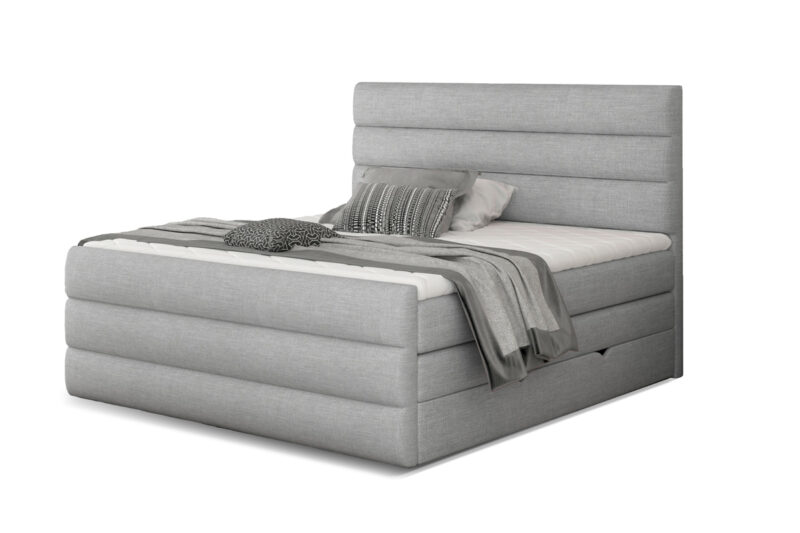 CATARINE 11 boxspringová posteľ 160x200, Sawana 21 Posteľ CATARINE patrí medzi boxspringové postele v modernom dizajnovom prevedení. Dominantným prvkom je horizontálne prešitie na prednom aj zadnom čele postele, ktoré zvýrazňuje celkový výzor postele a robí ju výnimočnou. Výška ložnej plochy poskytne pohodlné vstávanie a sadanie na posteľ. Okrem efektného dizajnu oceníte aj spracovanie v najvyššej kvalite. Viacvrstvové matrace (viď obrázok prierezu) zaručia kvalitný spánok a zvýšené pohodlie. Jeden matrac postele je pružinový, druhý je z bonellovej pružiny, kombinovaný s PUR penou T25. Pre ešte lepší pocit je súčasťou postele horný topper T3030. Poťah je hypoalergénny, snímateľný a prateľný pri 40 ℃. Oceníte 2 úložné boxy, ktoré sú pod každým lôžkom. Využívajú UP systém otvárania, vďaka ktorému sa jednoduchým spôsobom dostanete ku predmetom uloženým v boxoch. Posteľ je celočalúnená kvalitnou látkou Sawana 21.Rozmery (š/v/h): 160 x 133 x 220 cm. Výška ložnej plochy je 63 cm. Hrúbka zadného čela je 13 cm. Posteľ sa predáva kompletná, nie je potrebné doobjednávať rošt ani matrac. Tvrdosť matraca: H3.V našej ponuke nájdete aj ďalšie rozmery a farebné prevedenia tejto unikátnej postele.