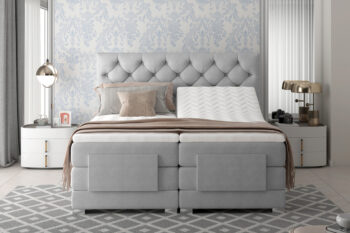 CEDRIK je výnimočná posteľ v luxusnom prevedení. Patrí medzi vysoké boxspringové postele, ktoré ponúkajú jednoduché vstávanie a sadanie na posteľ. Spacia plocha 160 x 200 cm je rozdelená na dve lôžkové časti. Elektricky nastaviteľný rám s diaľkovým ovládaním dáva možnosť polohovania matraca pri hlave aj pri nohách (viď foto). Každé lôžko má samostatný ovládač a môže si nastaviť ideálnu polohu podľa vlastných požiadaviek. Najvýraznejším dizajnovým prvkom je vyvýšené čelo postele, ktoré poskytne pohodlnú opierku hravy a ochráni stenu pred oderom. Zaujímavý je aj dizajn predného čela. Jednofarebné prevedenie dáva možnosť variabilnej kombinácie s ďalším nábytkom či farbami.Posteľ ponúka viac vrstiev matracov. Spodný matrac je vyrobený z bonellovej pružiny, stredový je pocketový. Pre zabezpečenie ešte vyššieho komfortu je súčasťou postele horný topper, ktorý tvorí PUR pena T2542. Posteľ je celočalúnená kvalitnou látkou Dora 63.Rozmery (š/v/h): 178 x 130 x 217 cm. Výška ložnej plochy je 67 cm. Hrúbka zadného čela je 15 cm. Matrac je obojstranný. Poťah je hypoalergénny, snímateľný a prateľný pri 40 ℃. Tvrdosť postele je H3. Posteľ sa predáva kompletná, nie je potrebné doobjednávať rošt ani matrac.Posteľ CEDRIK Vám poskytne komfort, pohodlie a štýlový dizajn. V našej ponuke nájdete aj ďalšie rozmery a farebné prevedenia tejto unikátnej postele. 