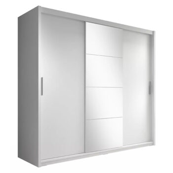 Šatníková skriňa s posuvnými dverami Chiara 235 v elegantnej bielej farbe je ideálnym riešením pre moderné interiéry. Táto skriňa, vyrobená z kvalitného laminovaného DTD materiálu, ponúka praktické a estetické riešenie pre usporiadanie vášho oblečenia a doplnkov.