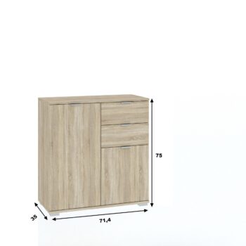 COMOS je nábytok, ktorý je v jednoduchom prevedení s čistými líniami. Na výber viacero prvkov COMOS.Komoda je vyrobená z kvalitných LTD dosiek. Sú nenáročné na údržbu. Komoda je dvojdverová, disponuje tiež dvomi praktickými zásuvkami.Farebné prevedenie:  dub sonoma.Rozmery:šírka: 71 cmvýška: 75 cmhĺbka: 35 cm.Dodávame v demontovanom stave.