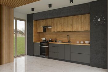 CRAF je moderná rovná kuchyňa, ktorá vás zaujme svojim praktickým a zároveň štýlovým prevedením. Je vhodná do moderných interiérov. Disponuje množstvom úložného priestoru.Výška horných skriniek: 72 cm. Hĺbka: 30/32 cm.Výška dolných skriniek: 82 cm. Hĺbka: 48 cm.Horné skrinky majú v cene regulovateľné závesy. Ku každej hornej skrinke sa zároveň dodávajú 2 ks 10 cm závesnej lišty. Nedelenú závesnú lištu pre jednoduchšiu montáž je možné doobjednať.Rozmery zostavy (š,h): 300 x 48 cm.Kuchynské skrinky sú vyrobené z kvalitných LTD dosiek. Ich údržba je nenáročná. Korpus je vo farbe grafit. Dvierka sú vo farbe zlatý craft / grafit. Úchyty sú súčasťou balenia. Sú v čiernej farbe.Kuchynská zostava je zložená z týchto prvkov:dolná skrinka 40//82 cm, dolná zásuvková skrinka 60/82 cm, dolná drezová skrinka 60/82 cm, dolná zásuvková skrinka 80/82 cm, horná skrinka 40/72 cm, digestorová skrinka 60/40 cm, 2x skrinka 60/72 cm, horná skrinka 80/82 cmSokel, pracovná doska a drez nie sú v cene zostavy - je možné si ich dokúpiť (viď. Príslušenstvo).Kuchyňu je možné zakúpiť iba ako zostavu.  V prípade záujmu o vyskladanie vlastnej zostavy zo samostatných skriniek je ponuka TU.Dodávame v demontovanom stave.