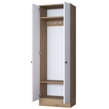Predsiňová zostava CUBE – Elegantná skriňa pre predsieň a obývacia izbaS predsieňovou zostavou CUBE získate štýlové a praktické riešenie pre usporiadanie vašej predsiene alebo obývacej izby. Spojenie moderného dizajnu v kombinácii bielej farby a orechového dekoru prináša harmóniu a funkčnosť do každého interiéru.Hlavné vlastnosti:Typ tovaru: predsieňová zostava vo forme skrineRozmer: 182.8 x 59.8 x 37.5 cmFarba: biela + orechMateriál: melamín, VT laminátHrúbka materiálu: 18 mmPočet dvierok: 2Zostava obsahuje: skriňa s vešiakmi a policou na topánkyVhodné do miestnosti: predsieň a obývacia izbaDodatočné informácie: dodávame v demonte, možno pripevniť k steneSkriňa CUBE ponúka dostatok priestoru na uloženie kabátov, topánok a ďalších nevyhnutností. Vnútorná časť je vybavená vešiakmi na odevy a praktickou policou na topánky, čo umožňuje jednoduchú organizáciu a prehľadnosť.Vysoko kvalitné materiály, ako je melamín a VT laminát, zaisťujú odolnosť voči každodennému opotrebovaniu a jednoduchú údržbu. Možnosť pripevnenia k stene zaručuje stabilitu a bezpečnosť produktu.Objednajte si predsieňovú zostavu CUBE ešte dnes a premeňte svoj vstupný priestor alebo obývaciu izbu na dokonale organizovaný a štýlový kútik!