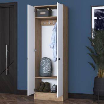 Predsiňová zostava CUBE – Elegantná skriňa pre predsieň a obývacia izbaS predsieňovou zostavou CUBE získate štýlové a praktické riešenie pre usporiadanie vašej predsiene alebo obývacej izby. Spojenie moderného dizajnu v kombinácii bielej farby a orechového dekoru prináša harmóniu a funkčnosť do každého interiéru.Hlavné vlastnosti:Typ tovaru: predsieňová zostava vo forme skrineRozmer: 182.8 x 59.8 x 37.5 cmFarba: biela + orechMateriál: melamín, VT laminátHrúbka materiálu: 18 mmPočet dvierok: 2Zostava obsahuje: skriňa s vešiakmi a policou na topánkyVhodné do miestnosti: predsieň a obývacia izbaDodatočné informácie: dodávame v demonte, možno pripevniť k steneSkriňa CUBE ponúka dostatok priestoru na uloženie kabátov, topánok a ďalších nevyhnutností. Vnútorná časť je vybavená vešiakmi na odevy a praktickou policou na topánky, čo umožňuje jednoduchú organizáciu a prehľadnosť.Vysoko kvalitné materiály, ako je melamín a VT laminát, zaisťujú odolnosť voči každodennému opotrebovaniu a jednoduchú údržbu. Možnosť pripevnenia k stene zaručuje stabilitu a bezpečnosť produktu.Objednajte si predsieňovú zostavu CUBE ešte dnes a premeňte svoj vstupný priestor alebo obývaciu izbu na dokonale organizovaný a štýlový kútik!