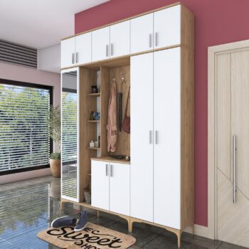 Predsiňová zostava CURTIS – Elegantné a praktické riešenie pre vašu predsieňPredsiňová zostava CURTIS kombinuje moderný dizajn s maximálnou funkčnosťou. Vďaka vysokému prevedeniu a kombinácii bielej farby s orechovým dekorom prináša do vašej predsiene štýlový a organizovaný vzhľad, ktorý zaujme každého návštevníka.Hlavné vlastnosti:Typ tovaru: predsieňová zostavaRozmer: 240 x 180 x 37.5 cmFarba: biela + orechMateriál: melamín, VT laminátHrúbka materiálu: 18 mmVzhľad: vysokáZostava obsahuje:skriňa so zrkadlomskrinku na topánkyvešiakyšatníková skriňazávesnú skriňuDodatočné informácie: dodávame v demonteZostava CURTIS je navrhnutá tak, aby poskytovala maximálny úložný priestor a prehľadnú organizáciu vašich vecí. Skriňa so zrkadlom opticky zväčšuje priestor, skrinka na topánky udržuje obuv úhľadne usporiadanú, vešiaky a šatníková skriňa ponúkajú miesto pre kabáty a bundy, a  závesVysoko kvalitné materiály, ako melamín a VT laminát, zaručujú dlhú životnosť, jednoduchú údržbu a odolnosť proti každodennému používaniu. Zostava je dodávaná v demontovanom stave s prehľadným návodom na zostavenie, čo zaisťuje jednoduchú manipuláciu a inštaláciu.Objednajte si predsieňovú zostavu CURTIS ešte dnes a vytvorte si štýlový a funkčný vstupný priestor, ktorý vás bude každý deň vítať!
