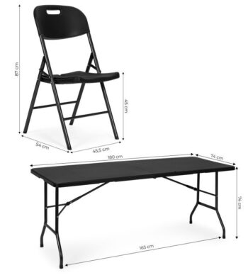Cateringový skladací stôl 180 cm so 4 stoličkami - čierny