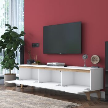 Televízny stolík DAHOMAN - Štýlový doplnok pre vašu obývaciu izbuTelevízny stolík DAHOMAN je ideálnym riešením pre modernú obývaciu izbu. Jeho elegantná kombinácia bielej a orechovej farby vytvára harmonický kontrast, ktorý skvele zapadne do každého interiéru, najmä v škandinávskom štýle.Stolík je vyrobený z kvalitných materiálov - melamínu a VT laminátu s hrúbkou 18 mm, čo zaisťuje dlhú životnosť a odolnosť voči bežnému opotrebovaniu. Vďaka jeho praktickému obdĺžnikovému tvaru a rozmerom 48,6 x 180 x 35 cm ponúka dostatok úložného priestoru, ktorý je rozdelený tromi plnými dvierkami. Materiál: melamín, VT laminát Rozmery: 48,6 x 180 x 35 cm Farba: biela + orech Počet dvierok: 3 plné dvierka Štýl: škandinávsky Tvar: obdĺžnikový Hrúbka materiálu: 18 mmDodatočné informácie: Stolík DAHOMAN dodávame v demonte, čo umožňuje jednoduchú prepravu a montáž priamo u vás doma.Vďaka kombinácii funkčnosti a nadčasového dizajnu je televízny stolík DAHOMAN skvelou voľbou pre každého, kto hľadá štýlový a praktický nábytok do svojej obývačky.